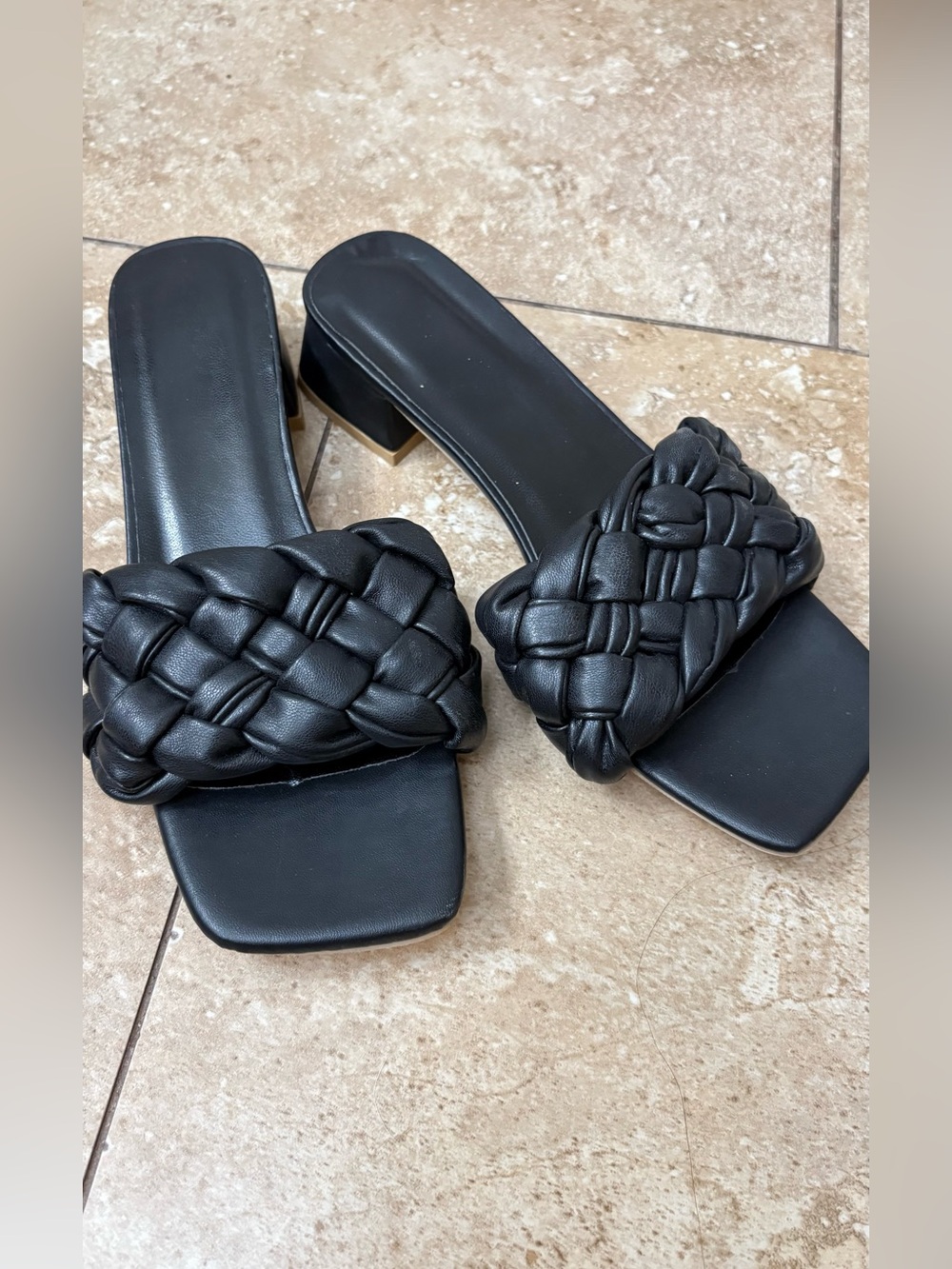 New Black Braided Square-Toe Slide Heels - Women size 6